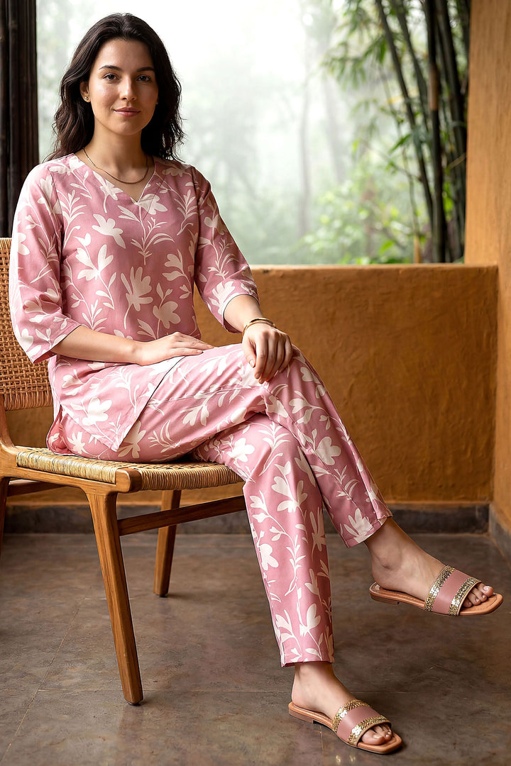 Pink Color Rayon Fabric Readymade Printed Co-Ord Set