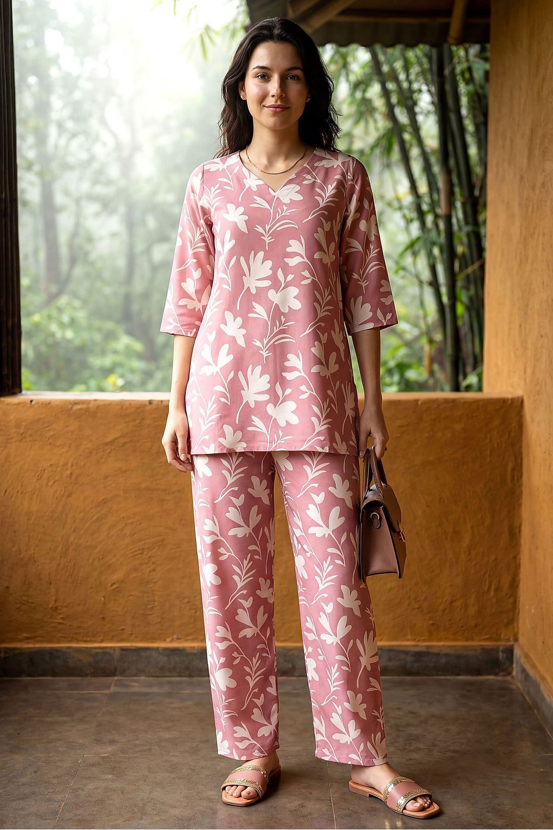 Pink Color Rayon Fabric Readymade Printed Co-Ord Set