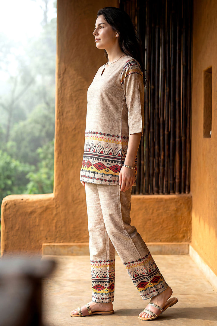 Rayon Fabric Beige Color Printed Readymade Co-Ord Set