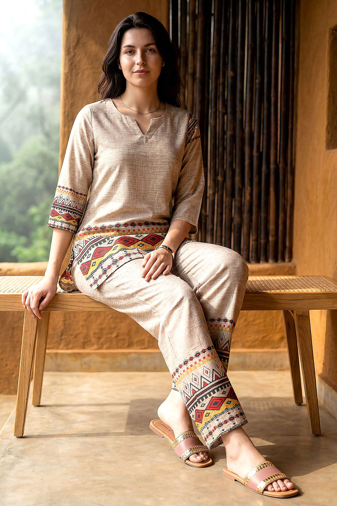 Rayon Fabric Beige Color Printed Readymade Co-Ord Set