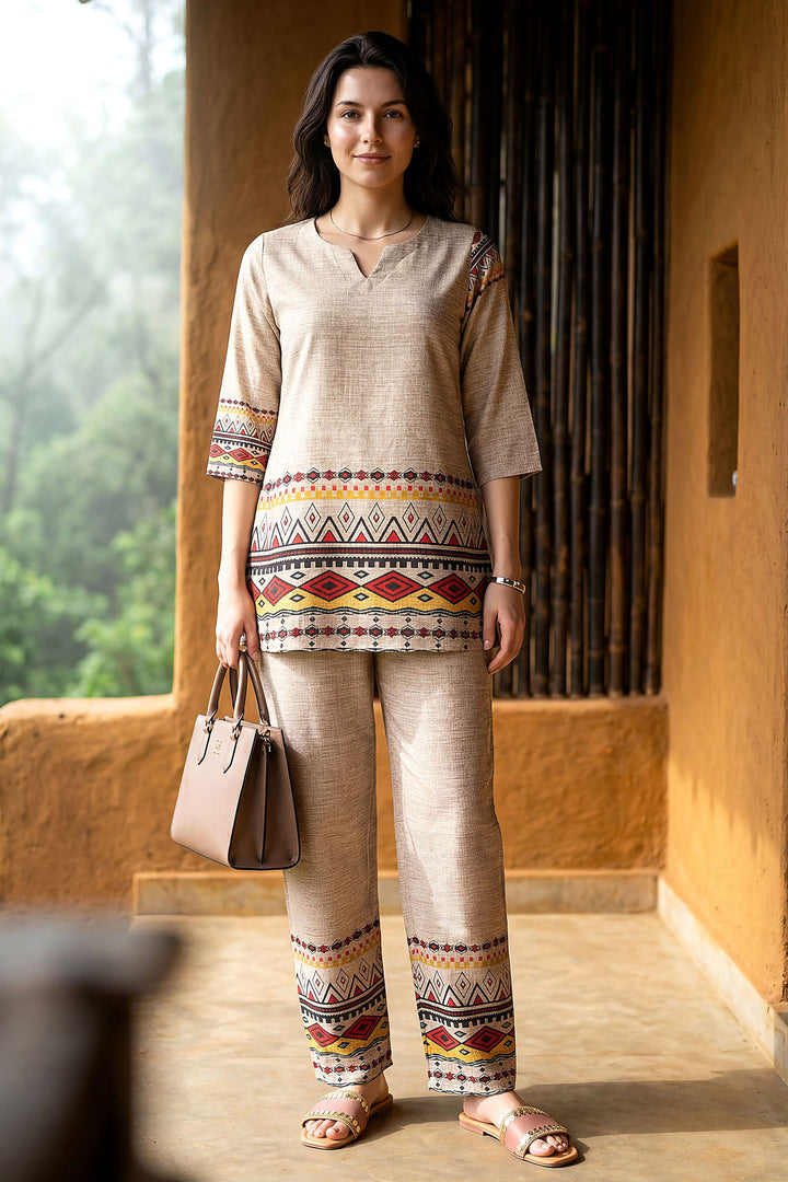 Rayon Fabric Beige Color Printed Readymade Co-Ord Set