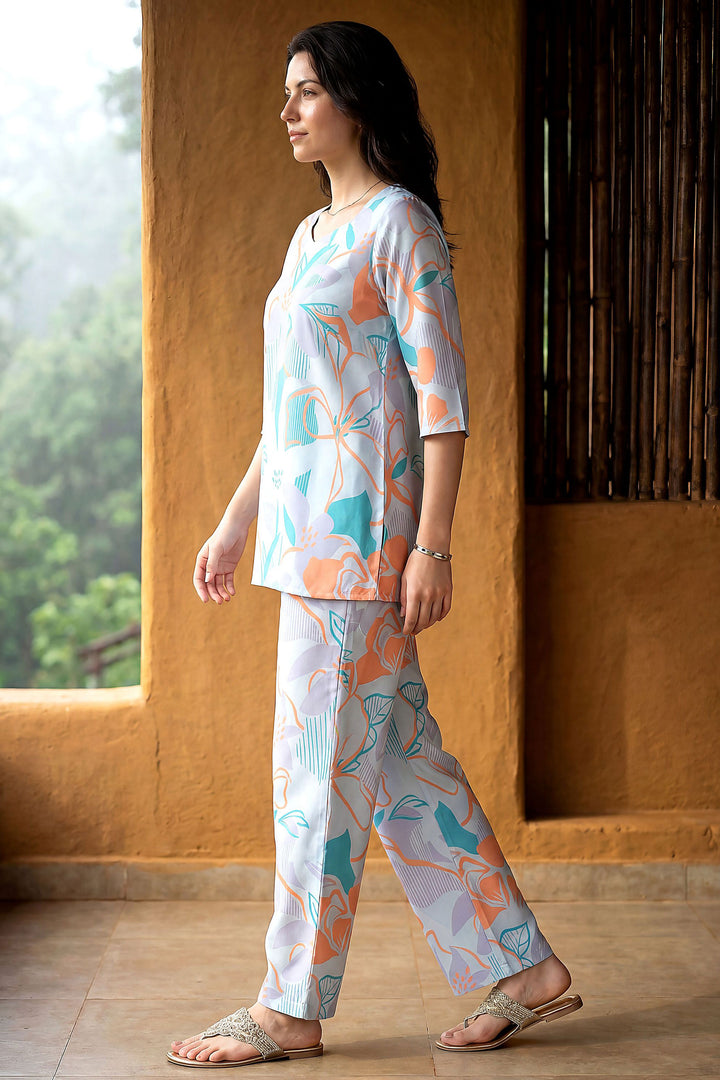 Rayon Fabric Sea Green Color Readymade Printed Co-Ord Set