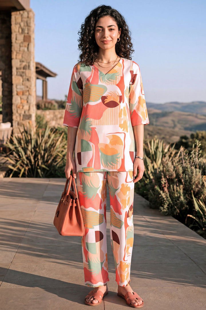 Rayon Fabric Peach Color Printed Readymade Co-Ord Set