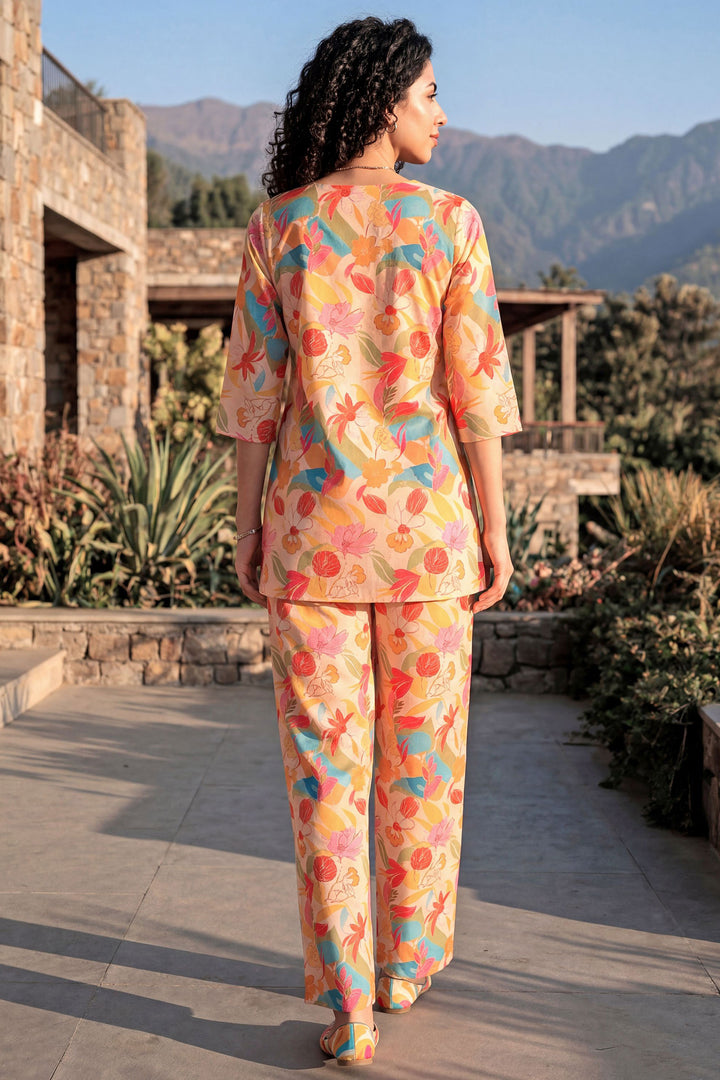Orange Color Rayon Fabric Readymade Printed Co-Ord Set