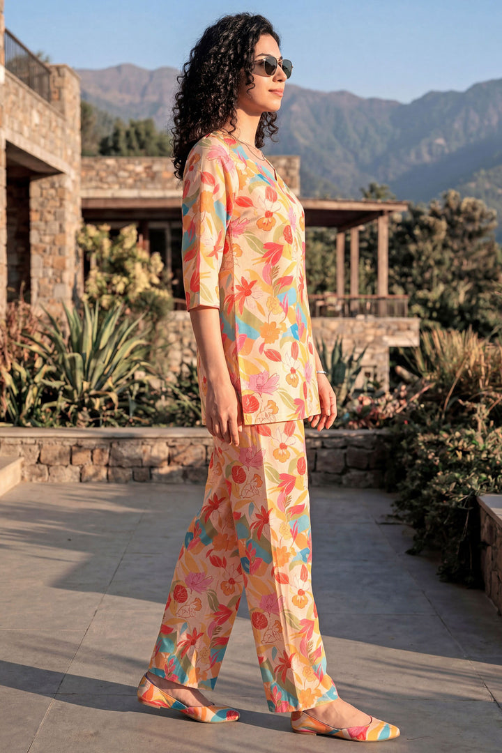 Orange Color Rayon Fabric Readymade Printed Co-Ord Set