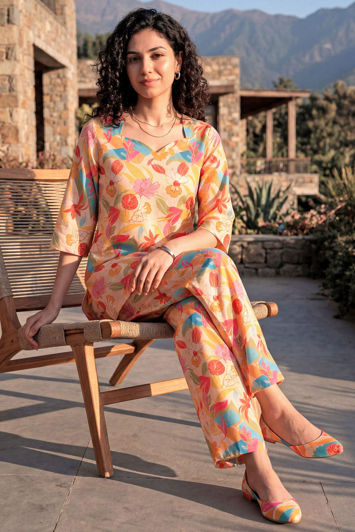 Orange Color Rayon Fabric Readymade Printed Co-Ord Set