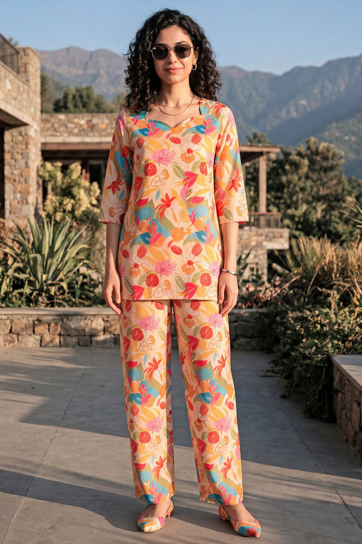 Orange Color Rayon Fabric Readymade Printed Co-Ord Set