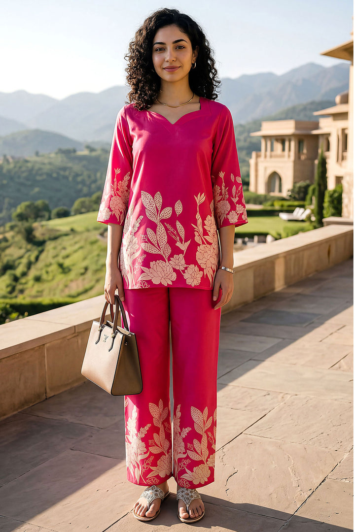 Rayon Fabric Pink Color Readymade Printed Co-Ord Set