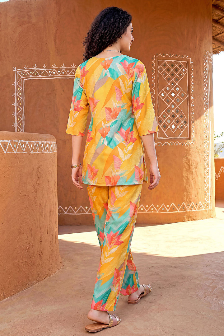 Rayon Fabric Yellow Color Printed Readymade Co-Ord Set