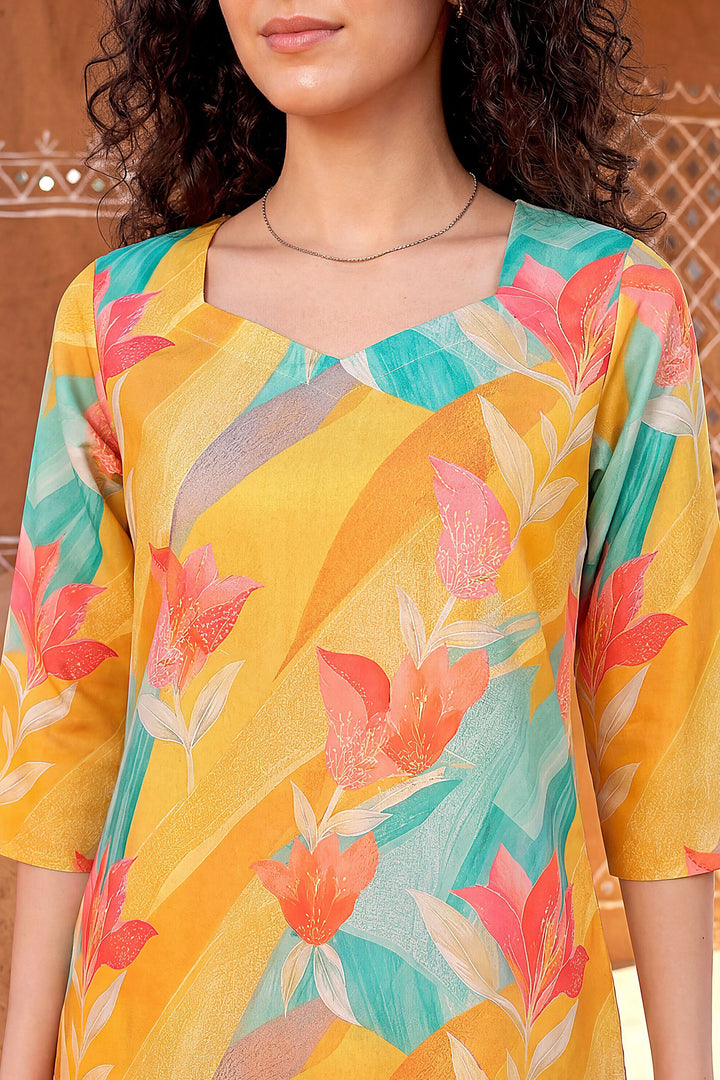 Rayon Fabric Yellow Color Printed Readymade Co-Ord Set