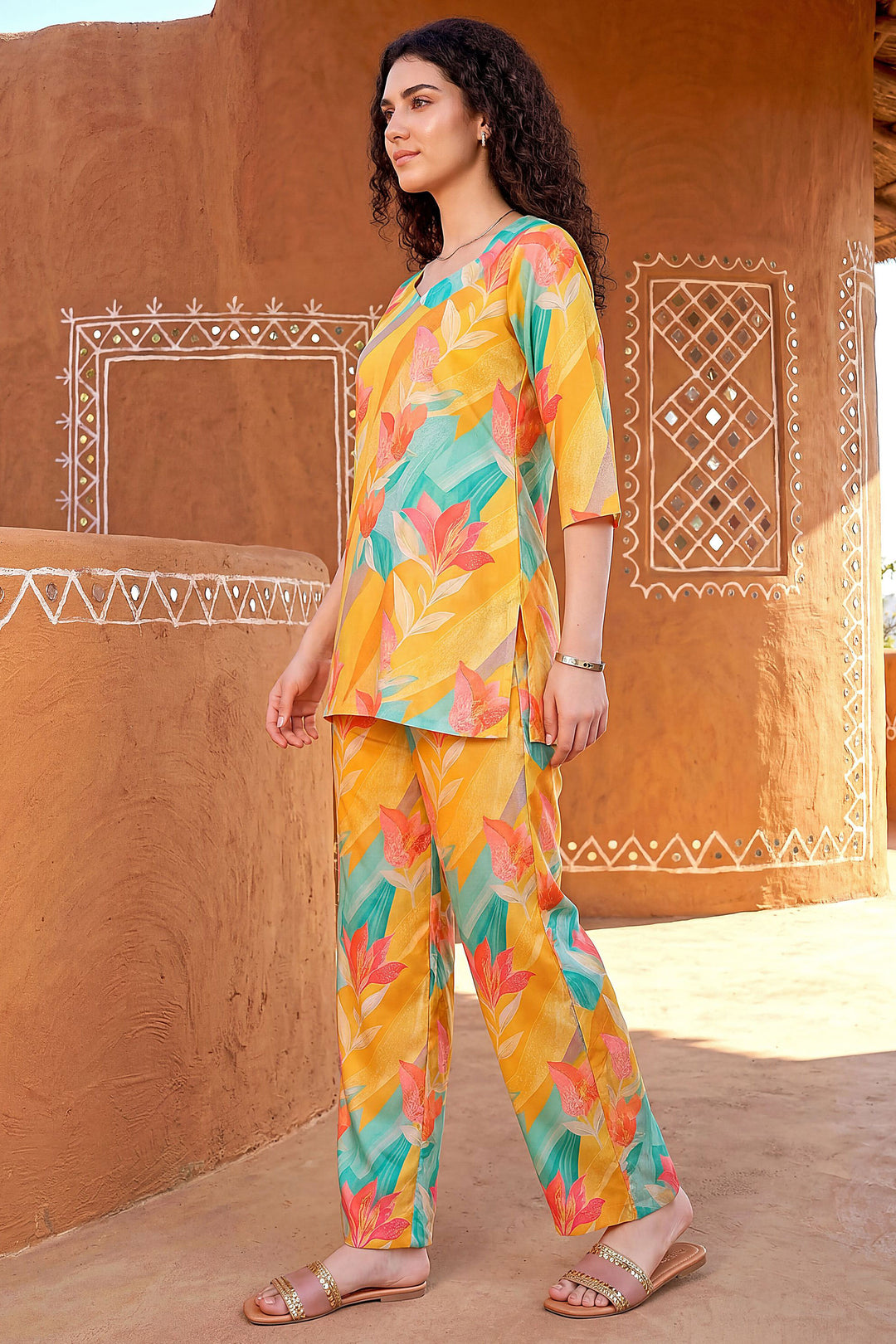Rayon Fabric Yellow Color Printed Readymade Co-Ord Set