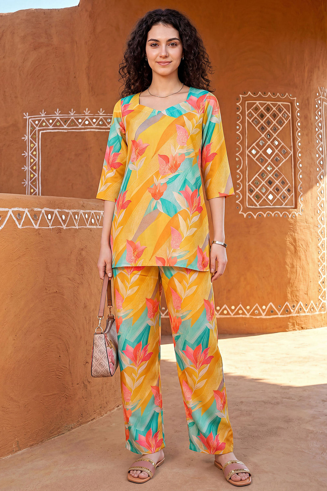 Rayon Fabric Yellow Color Printed Readymade Co-Ord Set