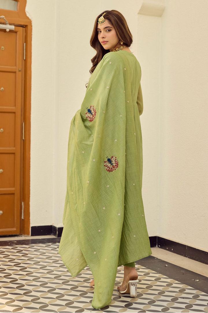 Green Color Chanderi Silk Readymade Salwar Suit