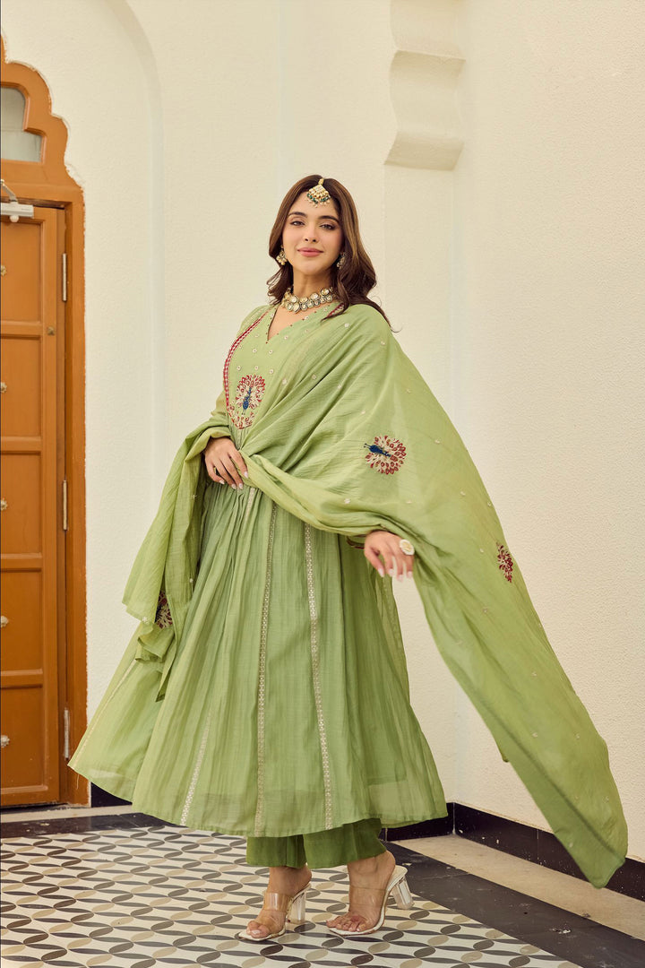 Green Color Chanderi Silk Readymade Salwar Suit