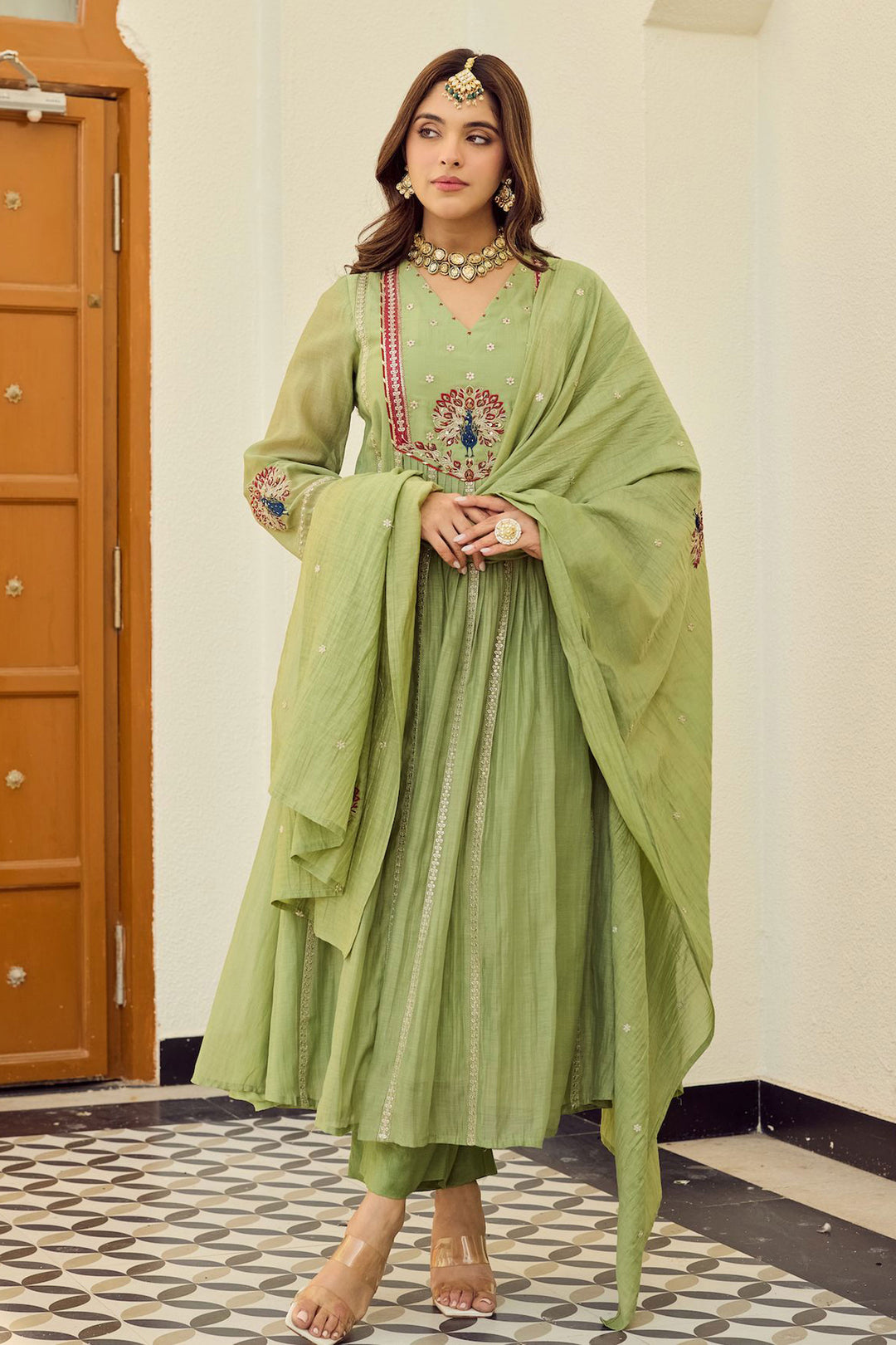 Green Color Chanderi Silk Readymade Salwar Suit