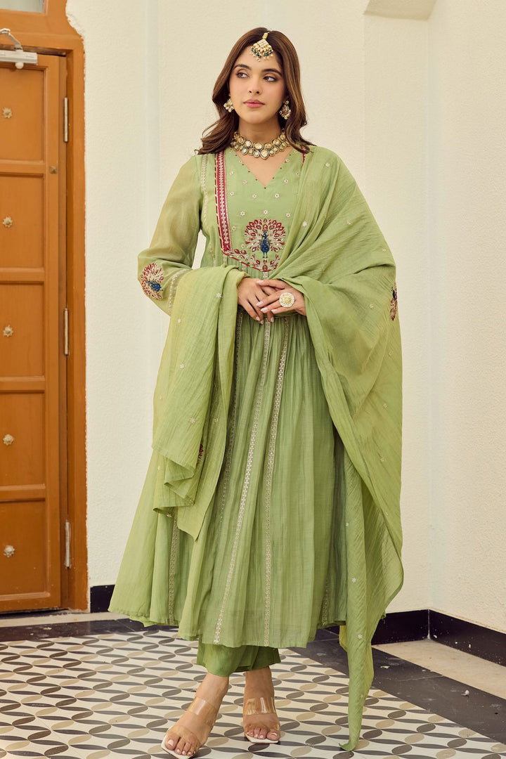 Green Color Chanderi Silk Readymade Salwar Suit