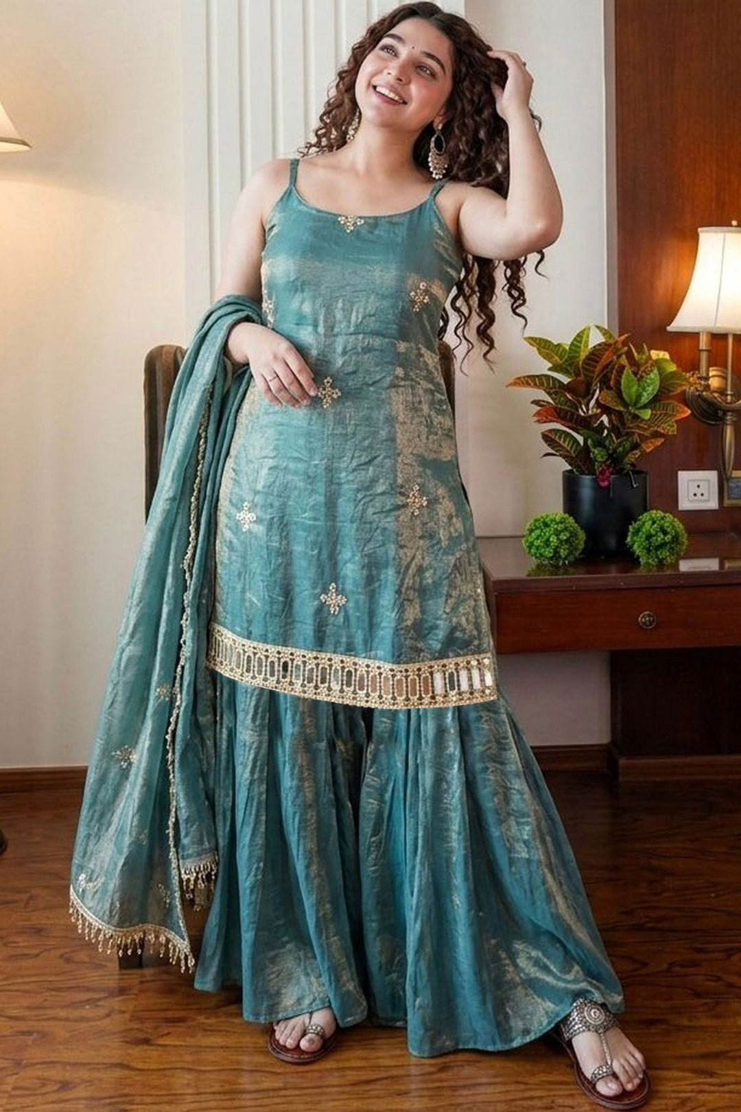 Teal Color Art Silk Readymade Salwar Suit