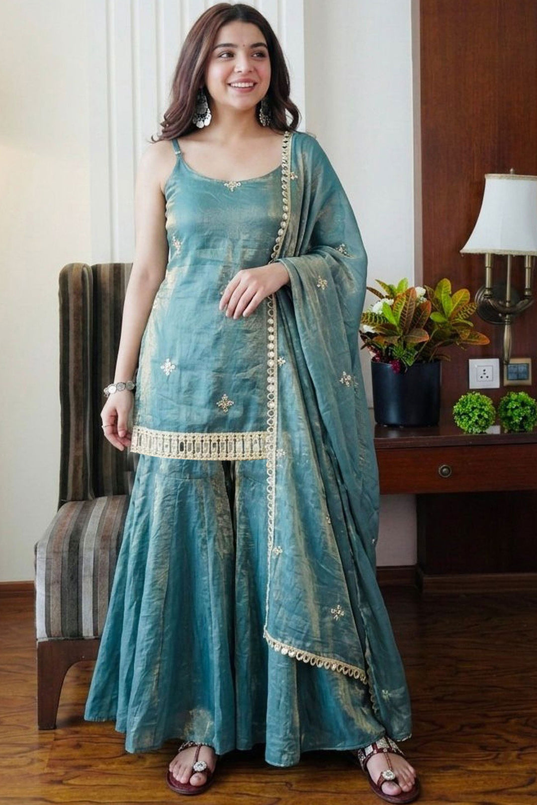 Teal Color Art Silk Readymade Salwar Suit