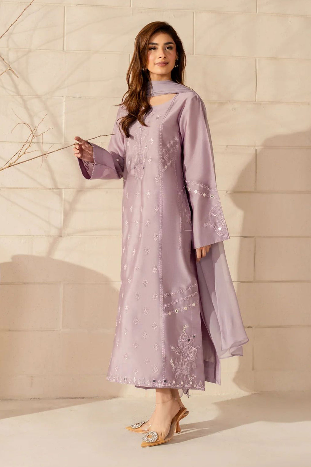 Crepe Fabric Readymade Salwar Suit In Lavender Color