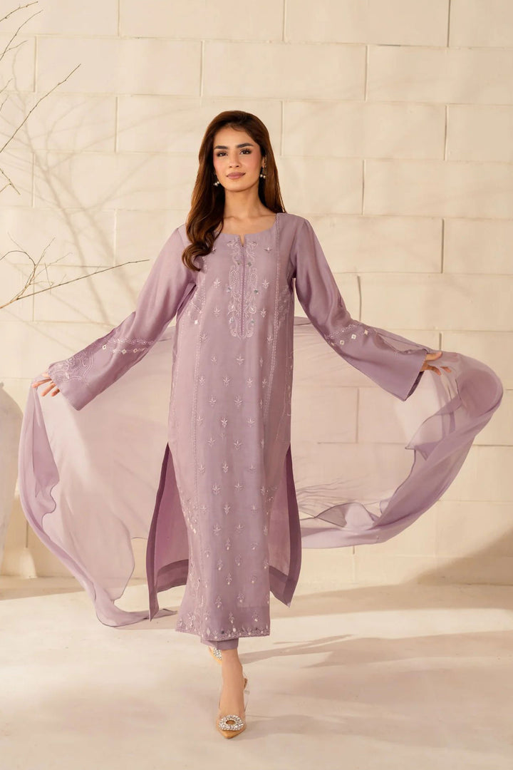 Crepe Fabric Readymade Salwar Suit In Lavender Color