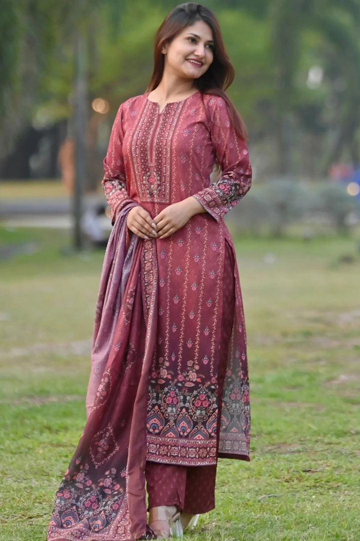Cotton Fabric Maroon Color Readymade Salwar Suit