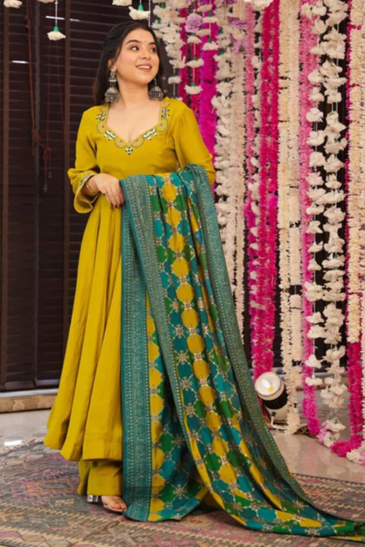 Mustard Color Chanderi Fabric Readymade Printed Salwar Suit
