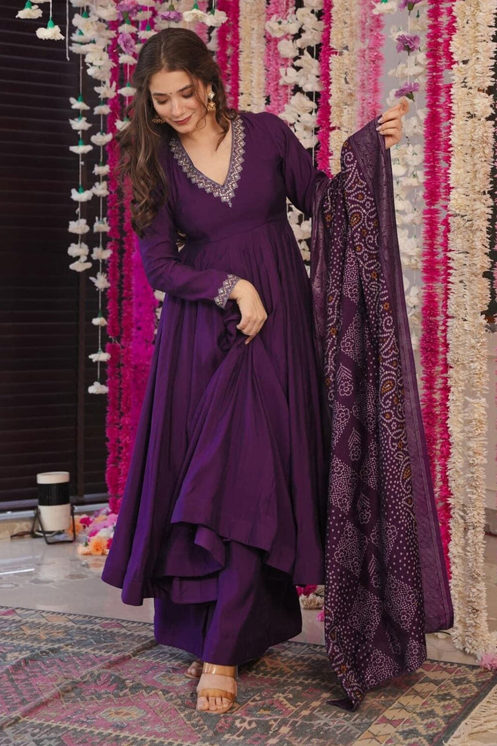 Chanderi Fabric Readymade Salwar Suit In Wine Color