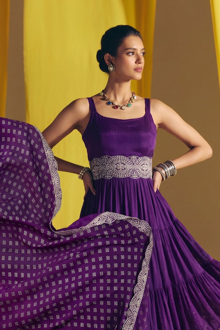 Vichitra Silk Readymade Salwar Suit In Purple Color