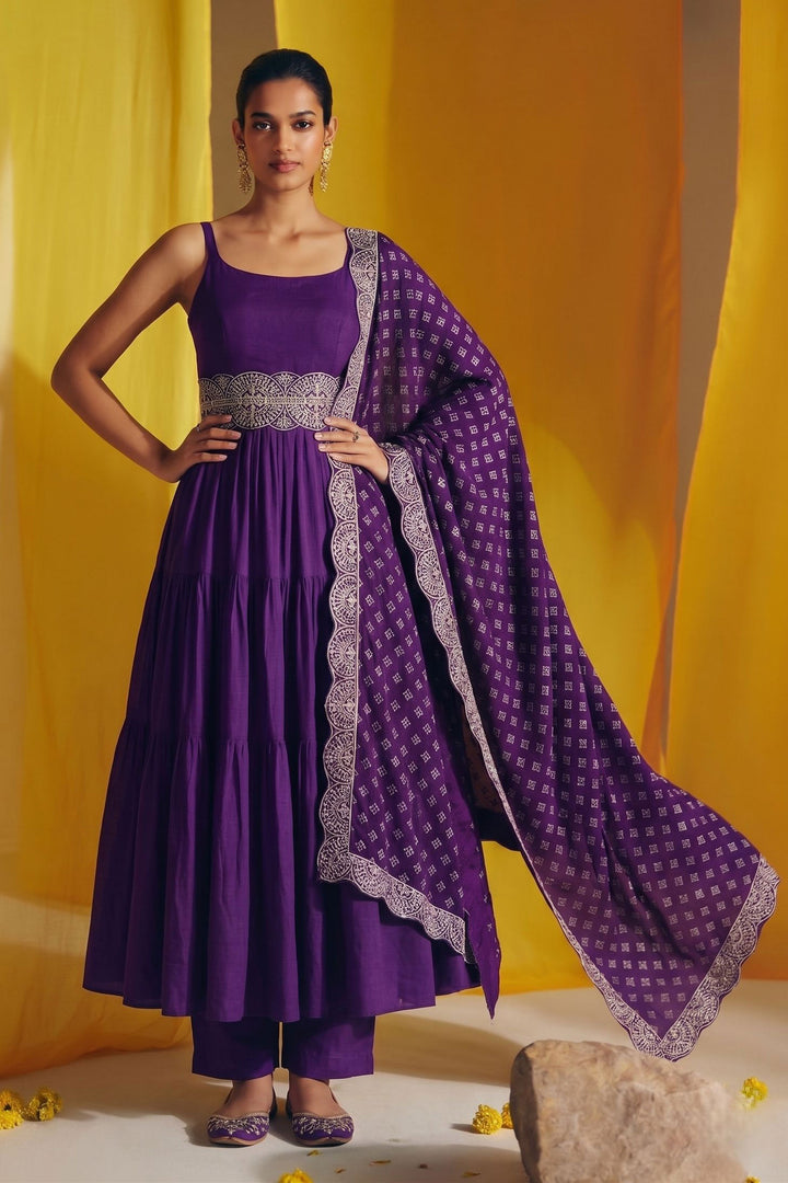 Vichitra Silk Readymade Salwar Suit In Purple Color