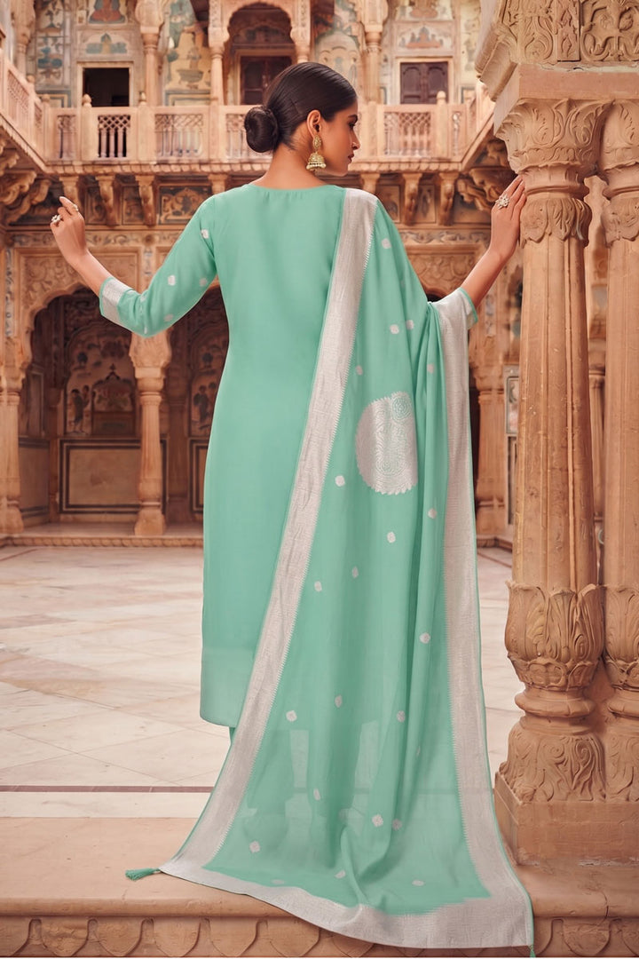 Attractive Organza Fabric Light Cyan Color Salwar Suit | Buy Online India