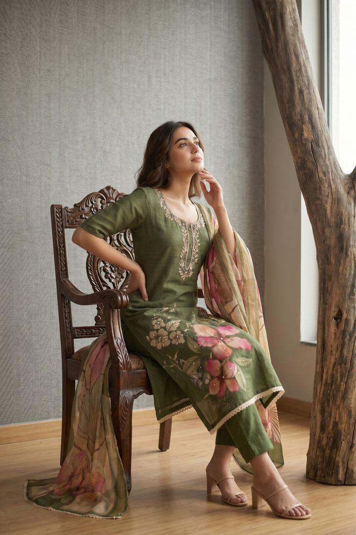 Engaging Green Color Linen Cotton Salwar Suit | Buy Online India
