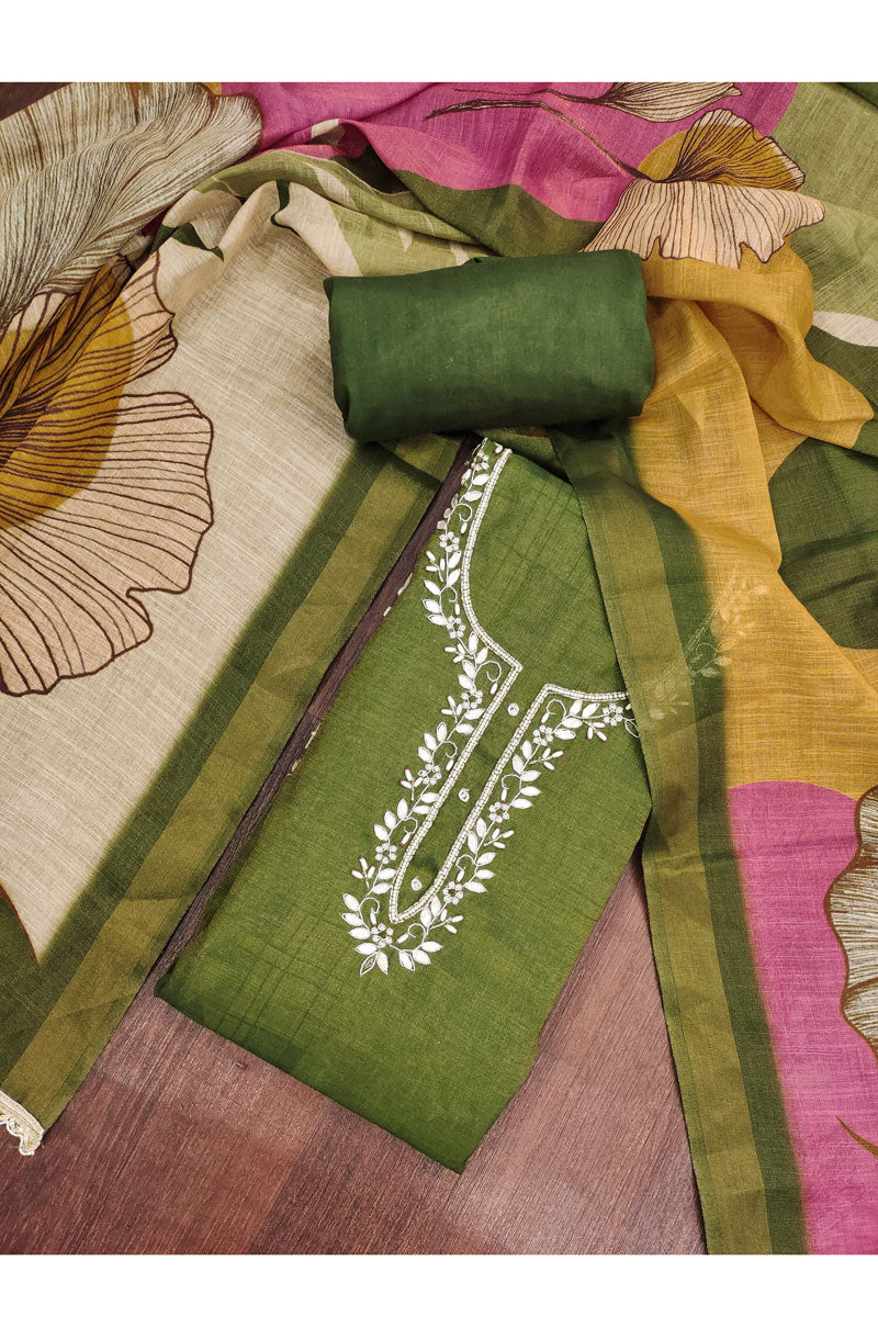 Engaging Green Color Linen Cotton Salwar Suit | Buy Online India