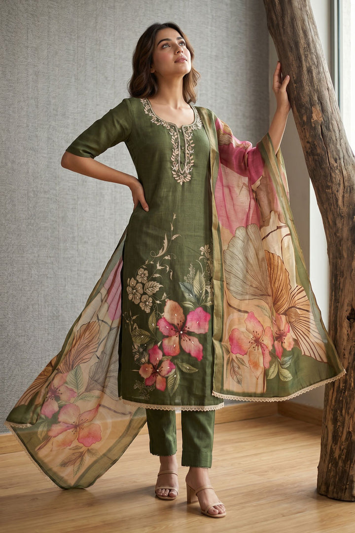 Engaging Green Color Linen Cotton Salwar Suit | Buy Online India