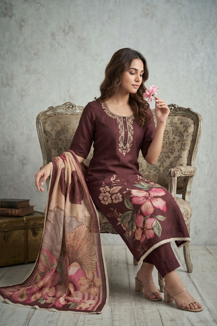 Amazing Brown Color Linen Cotton Salwar Suit | Buy Online India