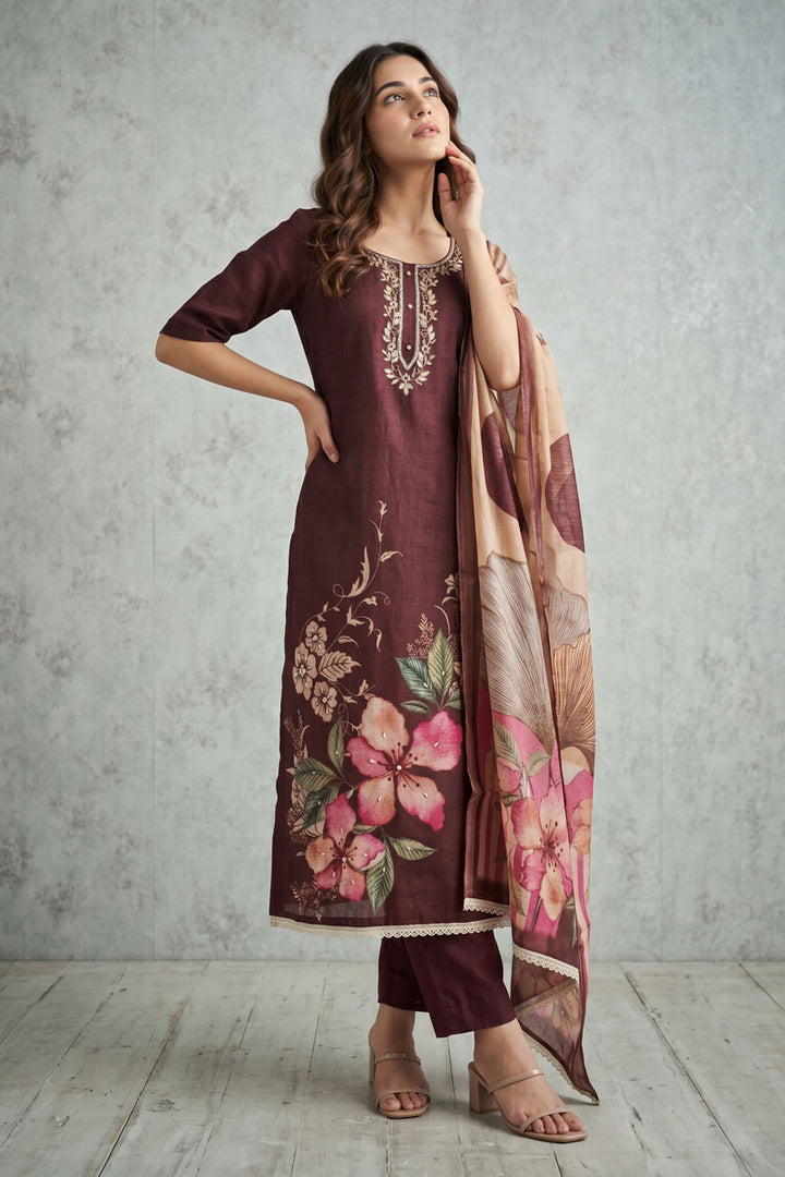 Amazing Brown Color Linen Cotton Salwar Suit | Buy Online India