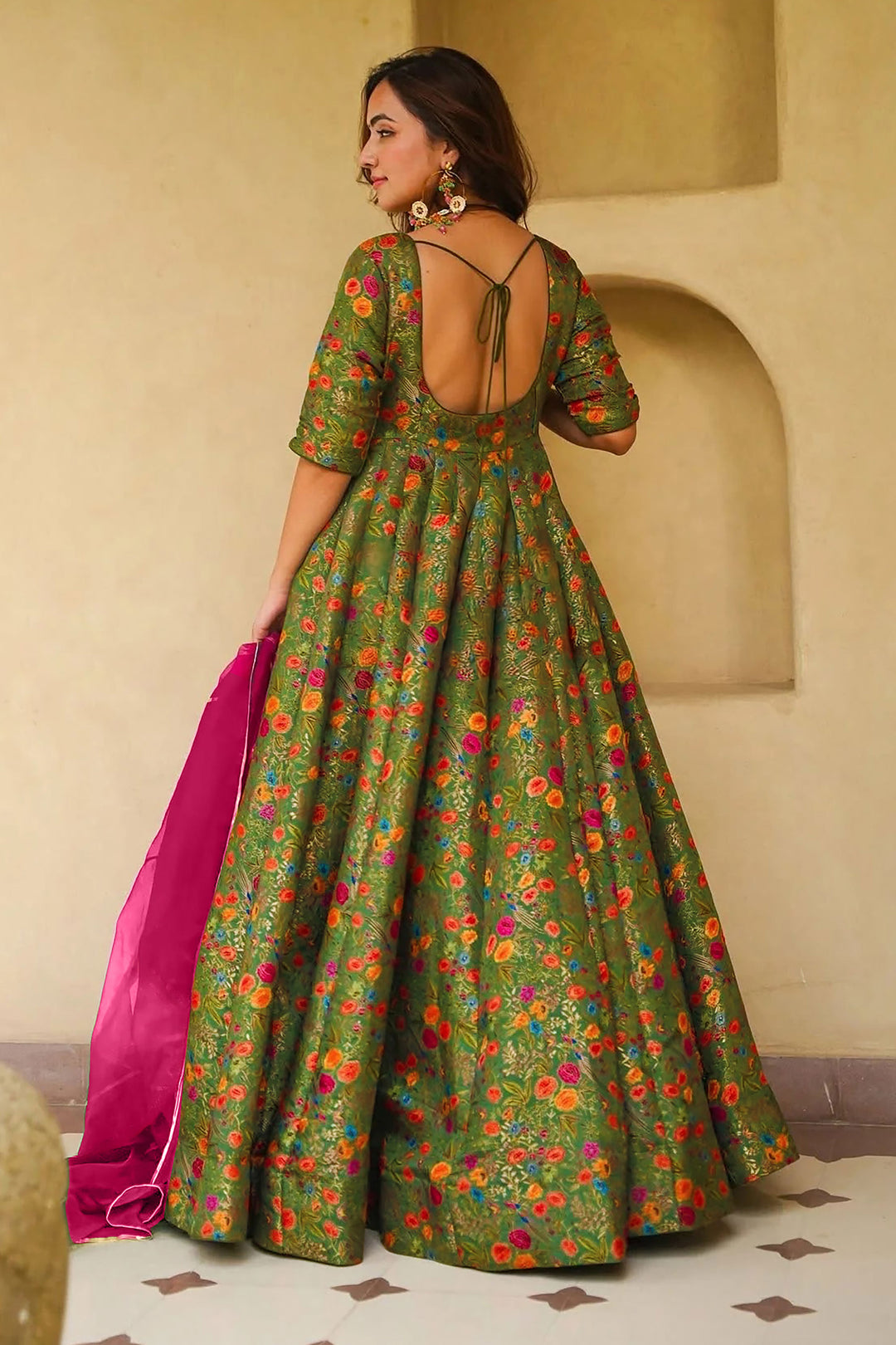 Art Silk Green Readymade Long Gown With Dupatta
