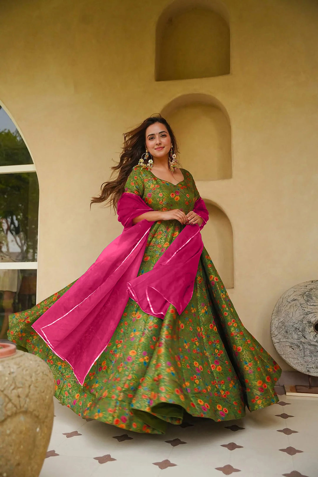Art Silk Green Readymade Long Gown With Dupatta