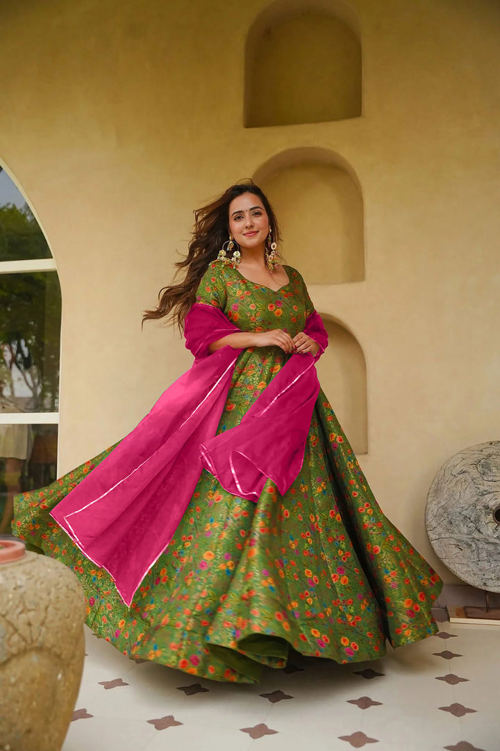 Art Silk Green Readymade Long Gown With Dupatta