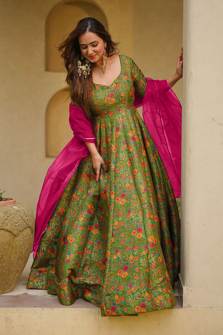 Art Silk Green Readymade Long Gown With Dupatta