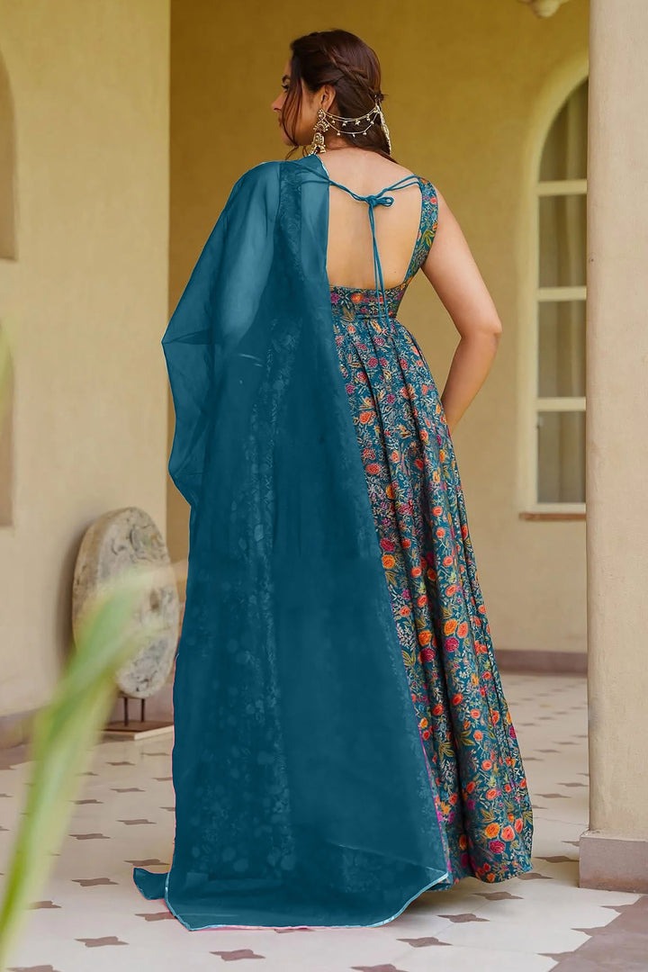 Art Silk Teal Color Readymade Long Gown With Dupatta