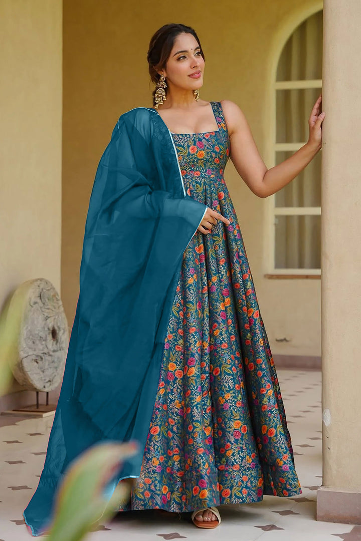 Art Silk Teal Color Readymade Long Gown With Dupatta