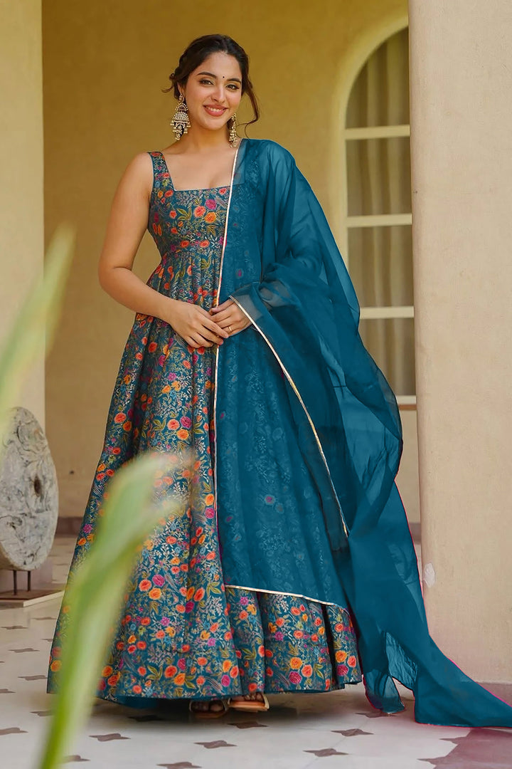 Art Silk Teal Color Readymade Long Gown With Dupatta