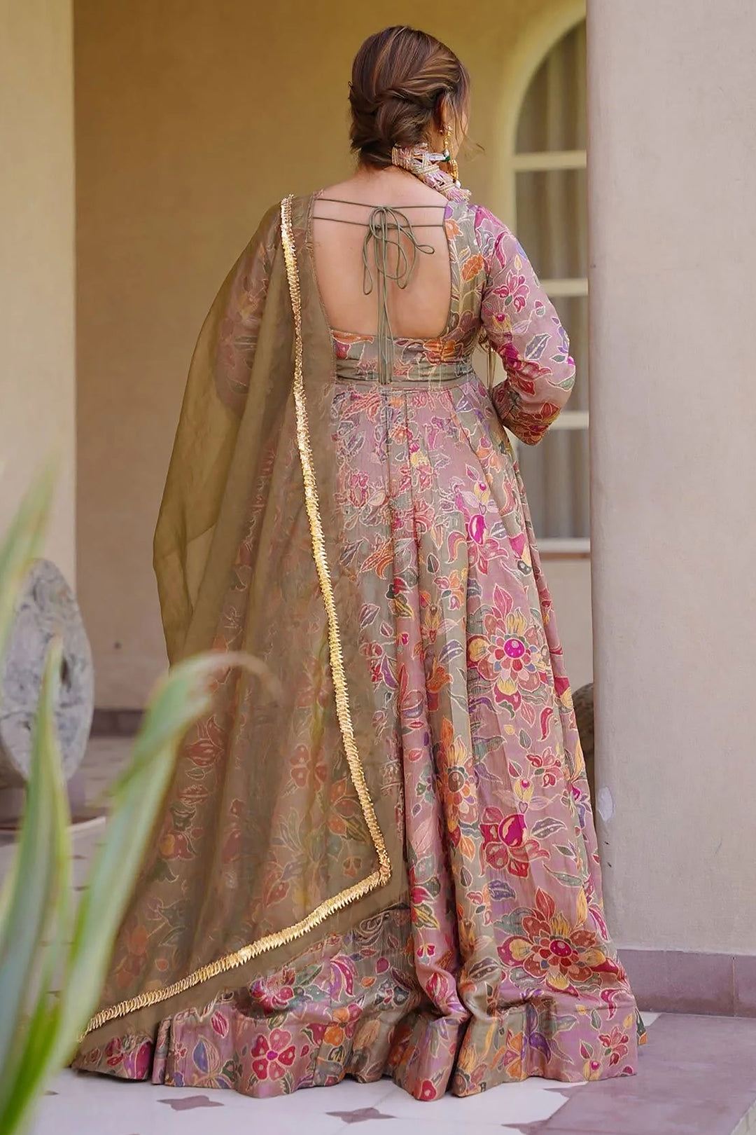 Readymade Art Silk Peach Color Long Gown With Dupatta