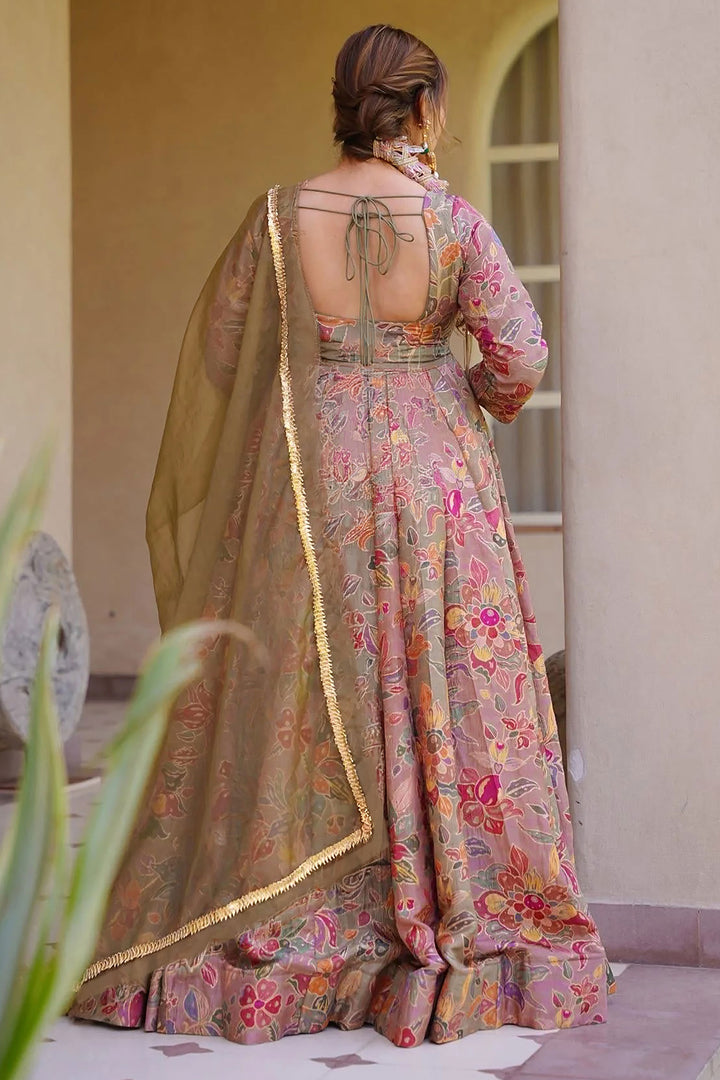 Readymade Art Silk Peach Color Long Gown With Dupatta