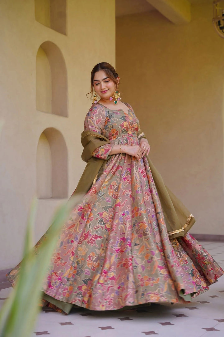 Readymade Art Silk Peach Color Long Gown With Dupatta