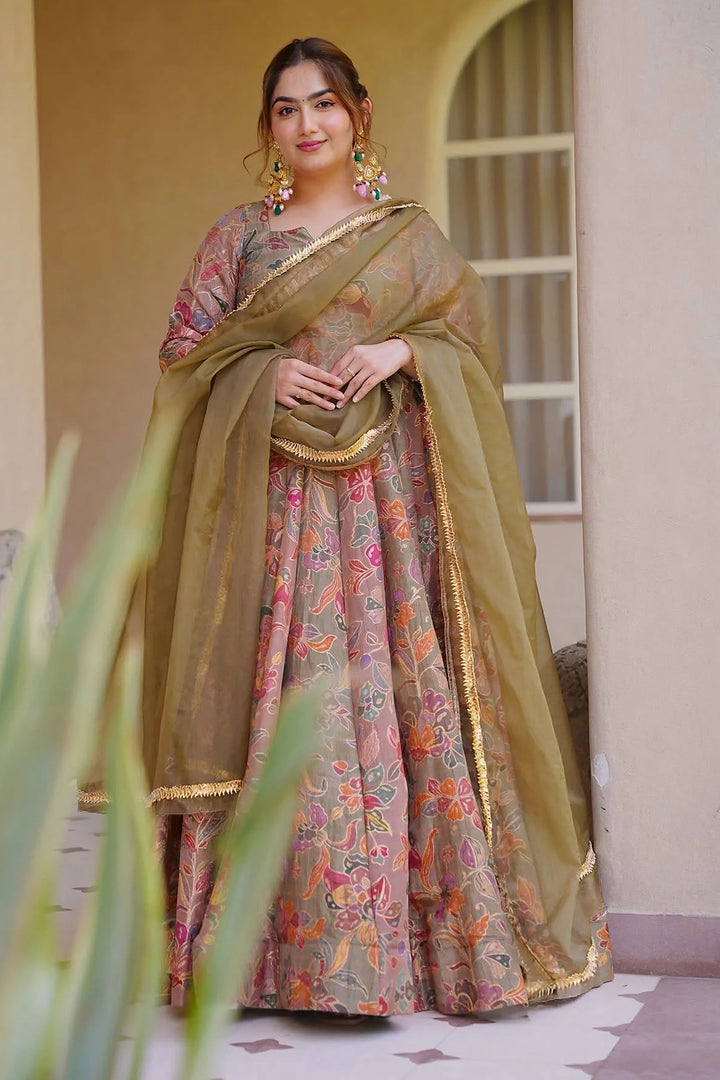Readymade Art Silk Peach Color Long Gown With Dupatta