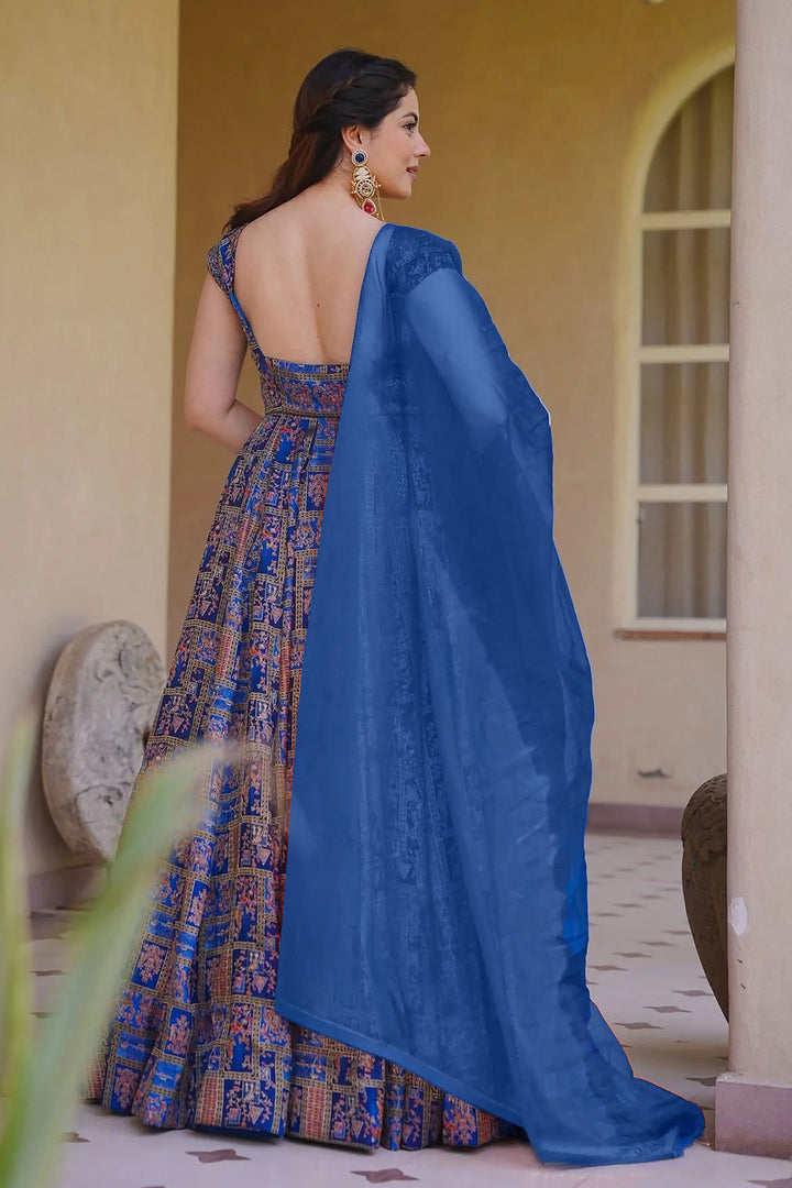 Blue Art Silk Readymade Long Gown With Dupatta