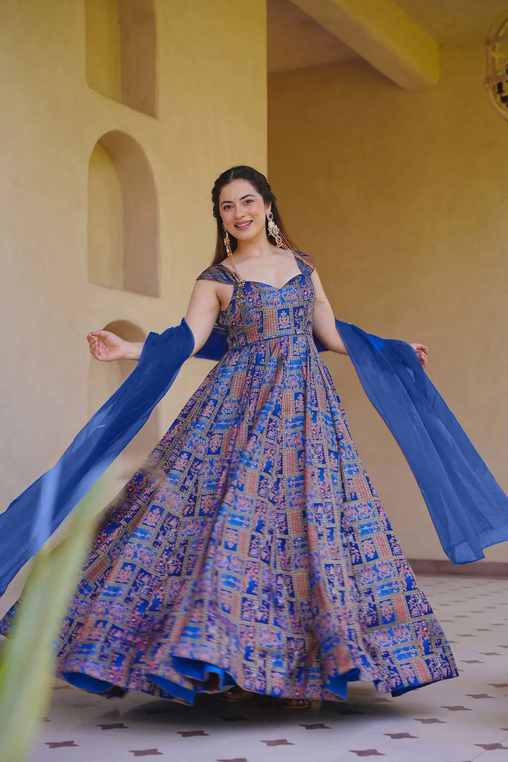 Blue Art Silk Readymade Long Gown With Dupatta