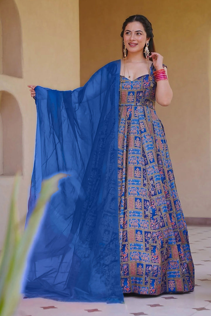 Blue Art Silk Readymade Long Gown With Dupatta