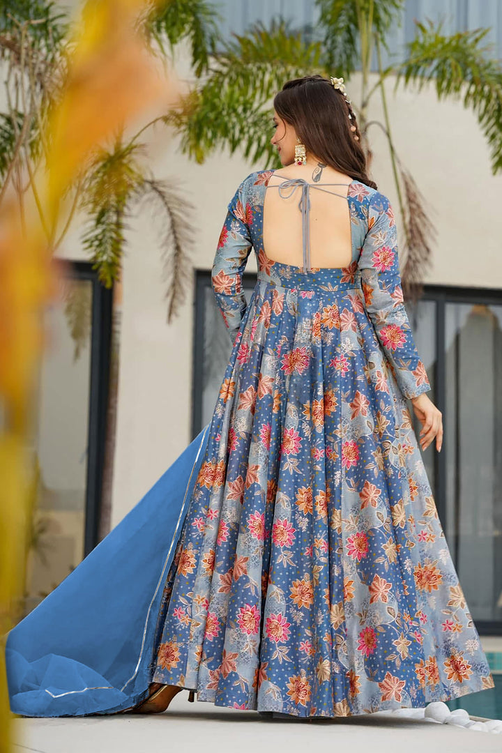 Art Silk Sky Blue Color Readymade Long Gown With Dupatta